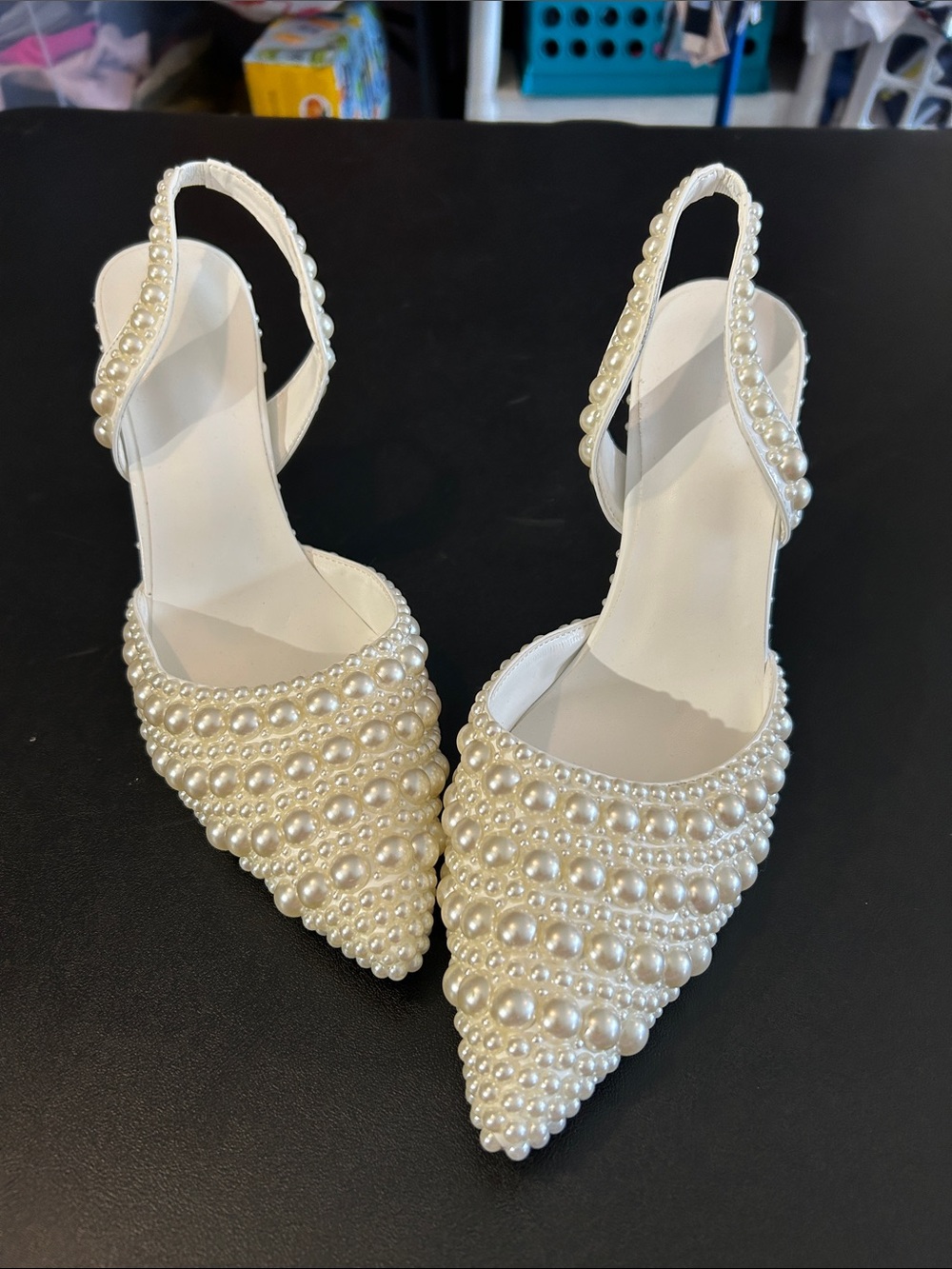 Pearl-Embellished Pointed Slingback Heels - White